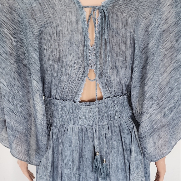 BLUE DRESS MOON RIVER RUFFLES V-NECK OPEN SLEEVES CINCHED WAIST MIDI FULL SKIRT - Picture 7 of 16